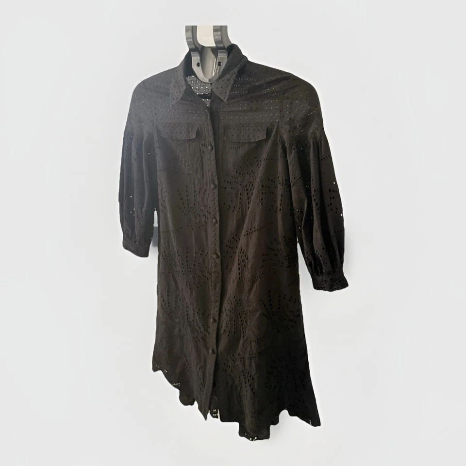 Diane von Furstenberg Black Eyelet Shirt Dress XS Pockets-Lace Cutout Boho Chic - Изображение 2 из 4