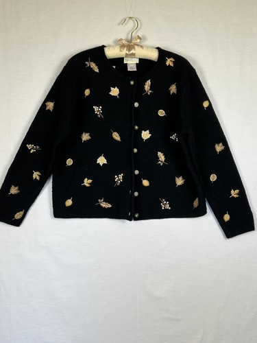 VTG Susan Bristol Sz M 100% Pure Wool Cardigan, Gold Embroidered leaves.
