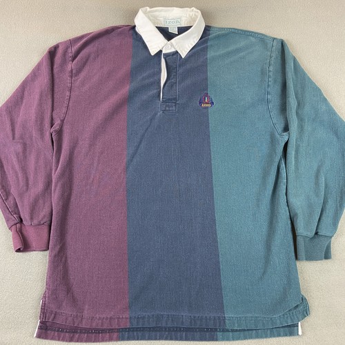 Izod, Vintage IZOD Rugby Polo Shirt Mens L Blue Colorblock Preppy Frat 90s Classic