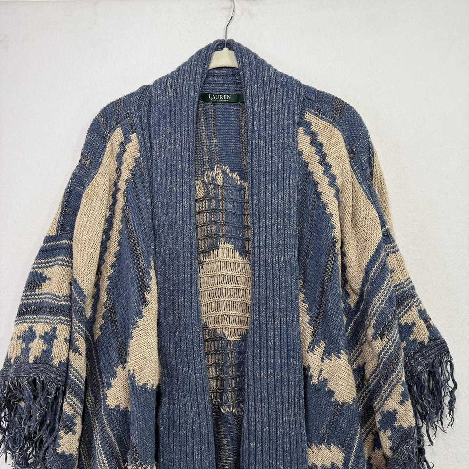 Cárdigan Poncho Lauren Ralph Lauren Mujer L Azul Beige Lana Lino Suroeste Foto 4 de 4