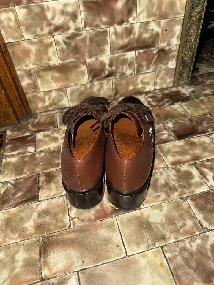 Chie Mihara 37 Leather Loafers Chocolate Brown With Black And White Geometric - Image 3 of 4