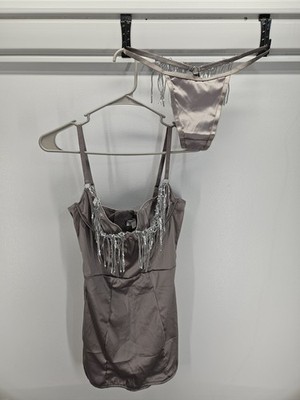FORPLAY FOR PLAY SEXY LINGERIE SET  Gray Silver Tassle Thong WOMENS M MEDIUM NEW