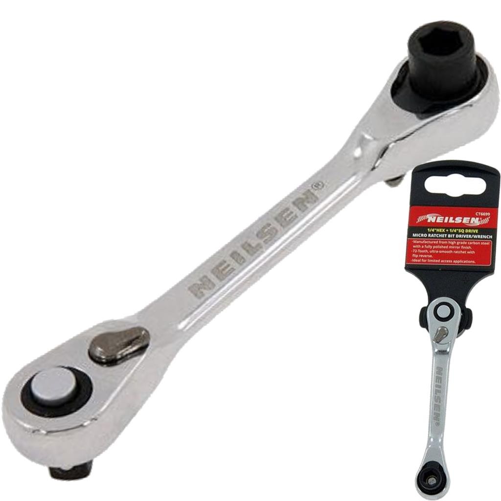 Neilsen Stubby Square Drive Micro Ratchet Bit Driver Wrench 1/4"" Hex To 1/4""