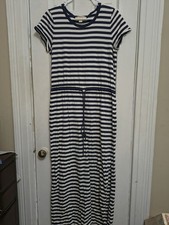 Michael Kors Maxi Womens M Blue Striped Shirt Dress Long Short Sleeve C3