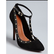 Schutz Fiona Studded T-Strap Stiletto Pumps Black Suede Pointed Toe Womens 8 NEW