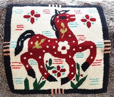 VINTAGE Folk Art Hand Hooked Rug, Prancing Pony, Stunning Handwork, Cheticamp