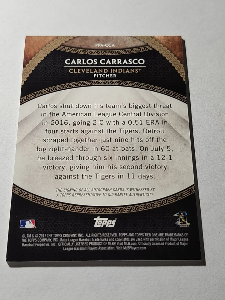 2017 Topps Tier One - Autógrafo Carlos Carrasco #PPA-CCR tinta de cobre/25 (AU) Foto 2 de 2