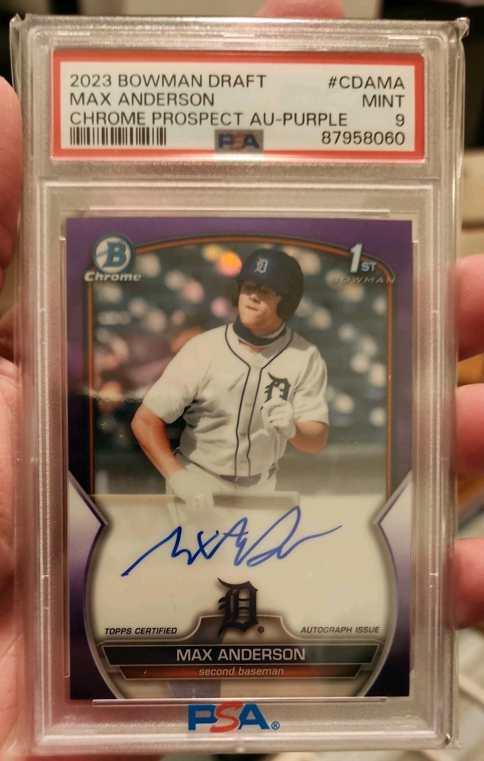MAX ANDERSON 2023 BOWMAN CHROME DRAFT 1ST PURPLE AUTO /250 PSA 9 RC 🔥