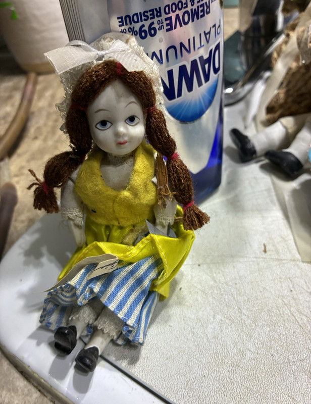 Porcelain Girl Doll, Light Complexion, Blue Eyes Brown Hair, Yellow Dress