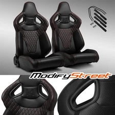 2x Red Stitching PVC Reclinable C-Series Sport Racing Seats W/Slider Left/Right
