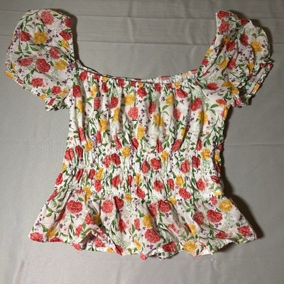 Francesca s Blue Rain Floral Peplum Top Womens Medium Puff Sleeve Smocked Blouse
