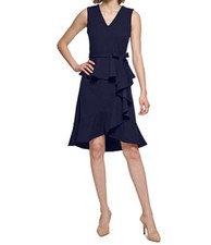 Calvin Klein Navy Sleeveless Midi Dress 12 Asymmetrical Hem Ruffle Belted
