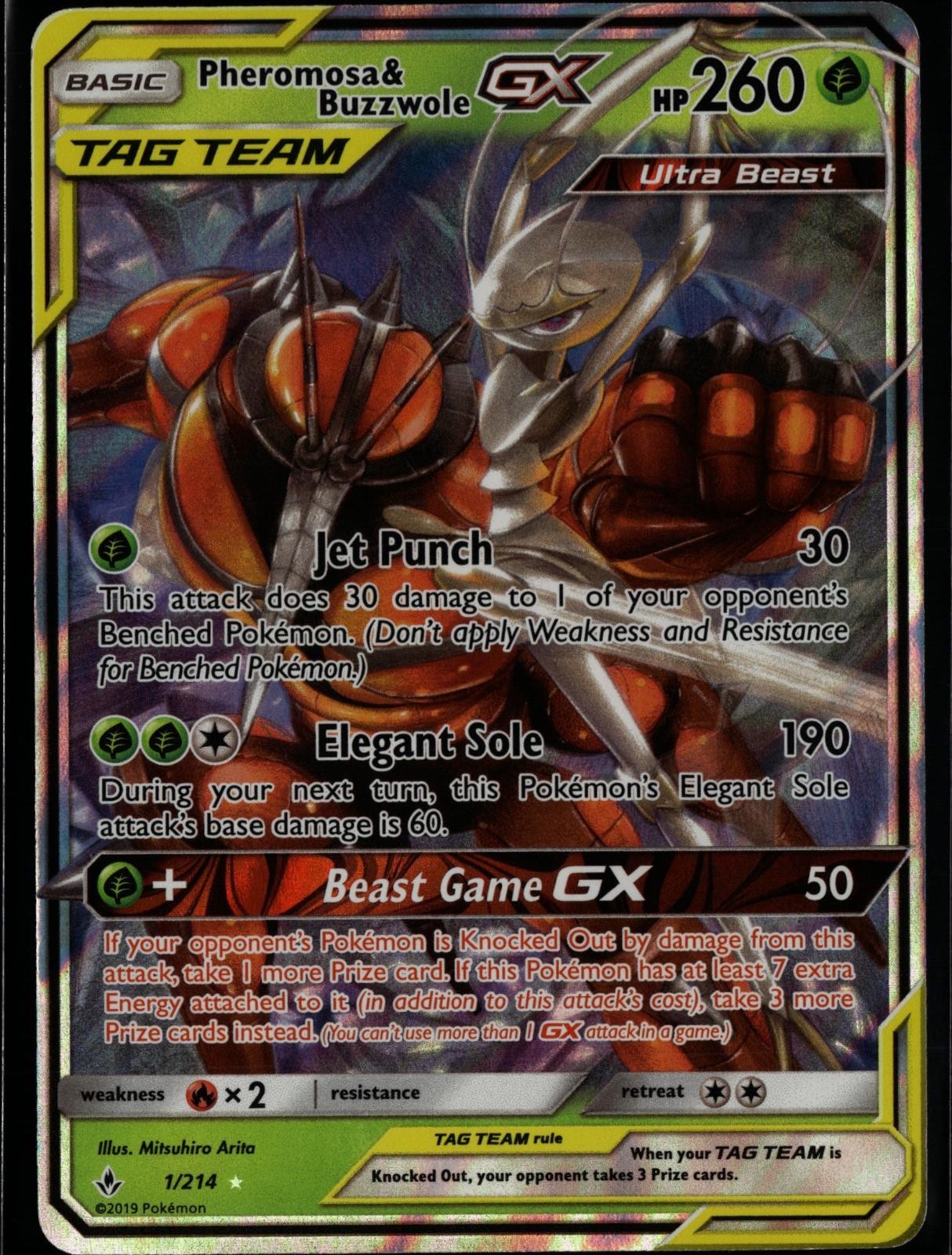 Pheromosa & Buzzwole GX 1/214 Holo GX Rare Unbroken Bonds Pokemon Near Mint