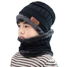 Kids Winter Knit Hat and Scarf Set, 2Pcs Warm Fleece Lining Beanie Cap and Sc...
