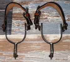 Set of Western Basket Weave Studded Dark Brown Leather w/ Cross Metal Spurs