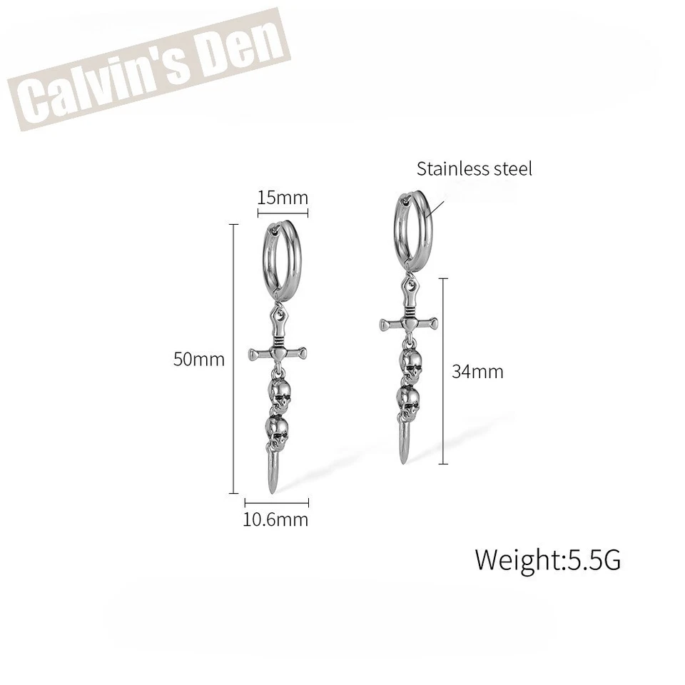 Stainless Steel Bone Sword Cross Earrings Dangling Skulls Gothic Punk Men Women - Image 2 of 4