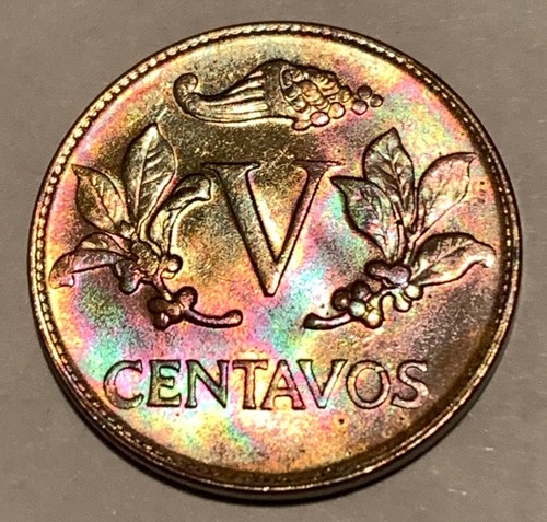 🌈1969/6 Columbia 5 Centavos - Amazing Rainbow Toning - Gem BU Red - C00340
