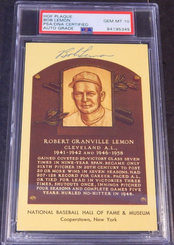 Bob Lemon Signed Auto Baseball HOF Plaque Postcard PSA/DNA Auto 10