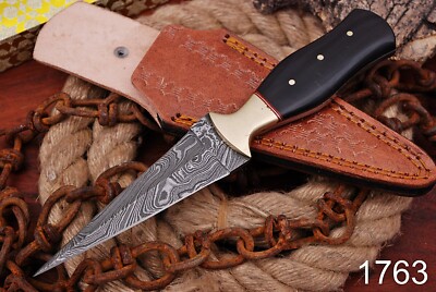 hand forged Damascus steel knife genuine leather sheath x338
