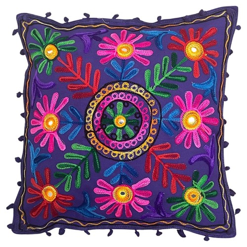 Indian Suzani Pom Pom Cushion Covers Floral Embroidered Boho Case UK 40 x 40 cms - Picture 18 of 20