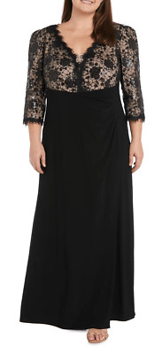 R&M Richards Gown Size 10 Black Beige Lace 3/4 Sleeve Maxi Front Slit Sequined