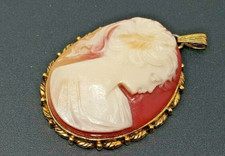 Vintage Red White Lady face Cameo Oval Gold tone Pendant