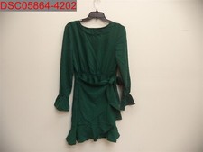 NWOT - Stain, Women's Green Long Sleeve Round Neck Ruffles Wrap Dress, Size M