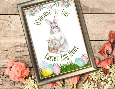 Süßer Osterhase weißer Hase ''Willkommen zu unserer Eiersuche'' A4 Wandbild Druck Schild 