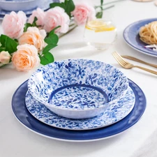 Melamine Dinnerware Set, 12 Piece Service for 4, Blue and White Porcelain Tablew