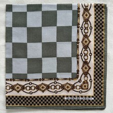 Vintage Handkerchief Cotton Green Check Border Chain Knot Brown Pocket Square 17