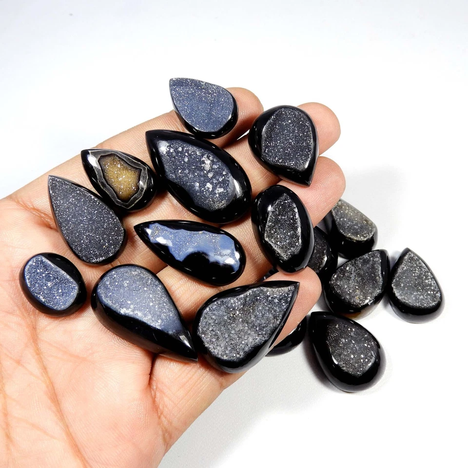Cabochon naturel druzy agate d'onyx noir en gros 16 pièces pierres précieuses... - Photo 2/4