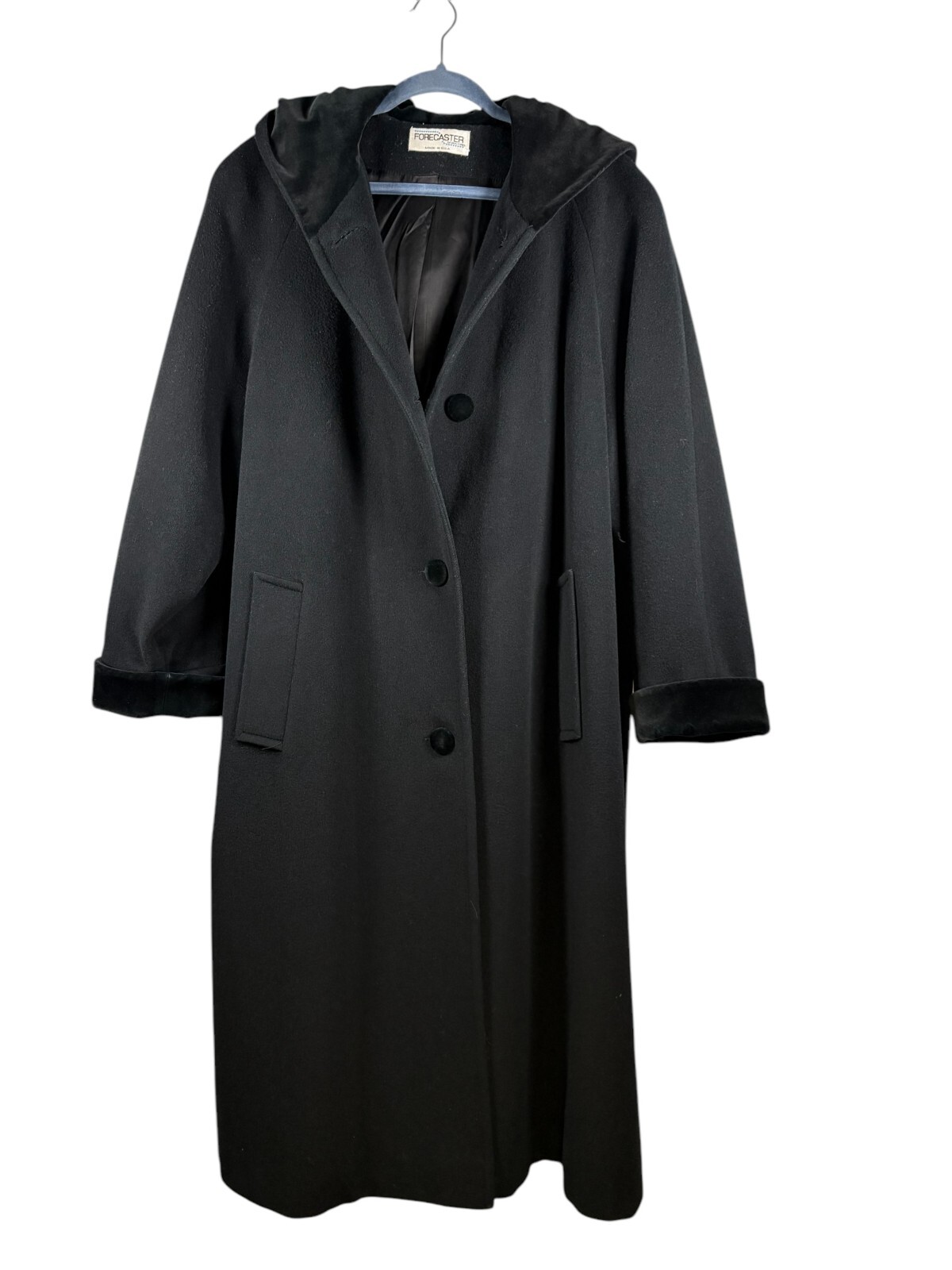 Vtg Y2K Forecaster Of Boston Black Pure Wool Long HoodedTrench Coat Sz 20