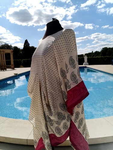 NUEVO KIMONO SAREE HECHO A MANO Caftán TOP TALLA ÚNICA TALLA GRANDE Crema LAGENLOOK - Imagen 3 de 6