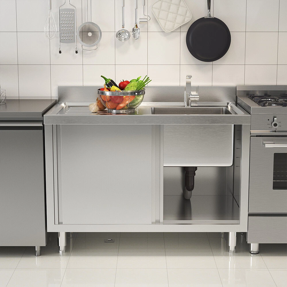 Commercial Stainless Steel Catering Kitchen Sink Cabinet Sliding Door Cupboard