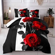 Romantic Rose Comforter Set Queen Size Red Botanical Floral Bedding Set Black...