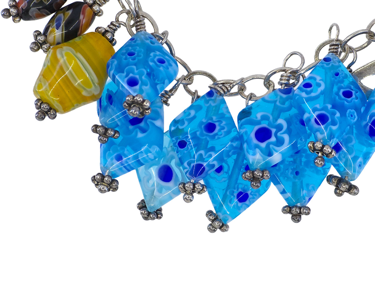 VTG VENETIAN MURANO MILLEFIORI GLASS BEAD STERLING SILVER DANGLE CHARM BRACELET View 4