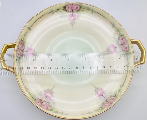 Antique Porcelain Hand Painted Pink Rose Swags Gold Handled Deco Shape Bowl Dish - Picture 11 of 12