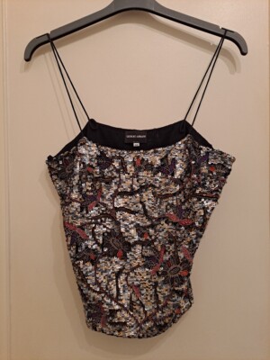 Giorgio Armani beaded embroidered floral silk zip up lined strap top 40 8 S Wow!