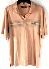 Travis Mathew Men's XL Peach Polo Shirt Blue Striped Logo Golf Read