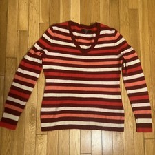 Alex Marie W- Med Sweater Cashmere Red Pink Burgandy Striped V Neck Pullover
