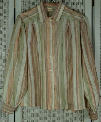 CHALOU Vintage 90s Women's Crepe de Chine Pastel Stripe Blouse XL 48'' Bust Shirt