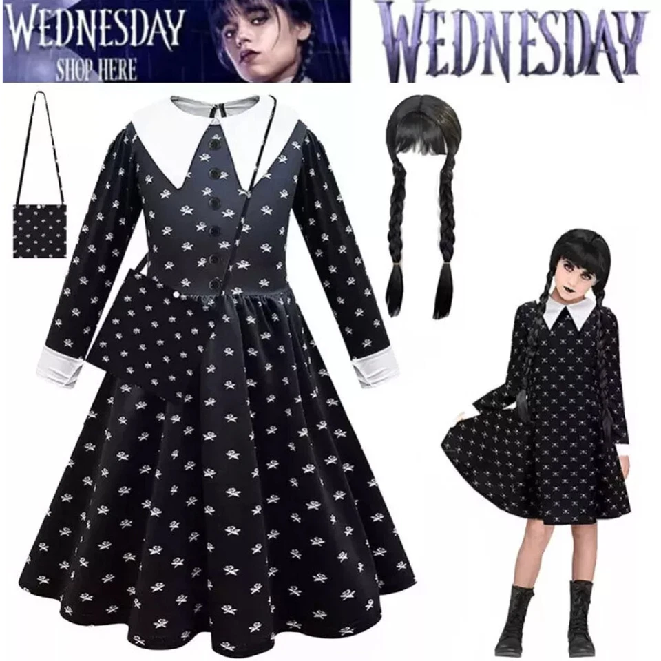 Girls Costume Wednesday The Addams Family Dress Cosplay Halloween Party 2-15yrs