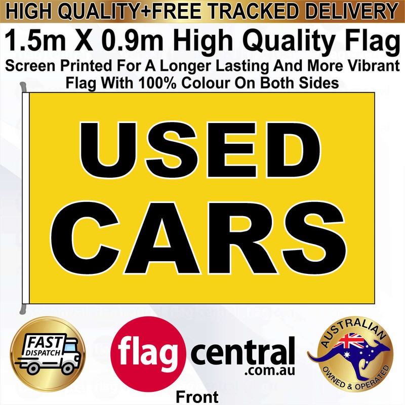 A - USED CARS - Yellow - 1.5m x 0.9m High-Quality Screen-Printed Flag - 1