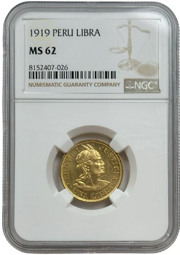 1919 Peru 1 Libra 0.2354 oz Gold Coin NGC MS 62