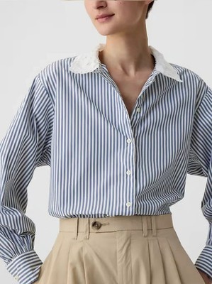 Gap X Doen L Organic Cotton Eyelet Big Shirt Blue Stripe Lace