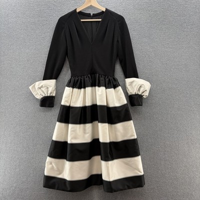 VTG 60s Pauline Trigere Dress XS Black White Stripe Party Event Fit Flare Costum