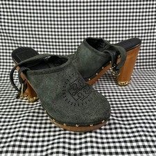 Tory Burch Brayden Clogs Sling Back Chunky Mules Black Suede Studded Gold Sz 8