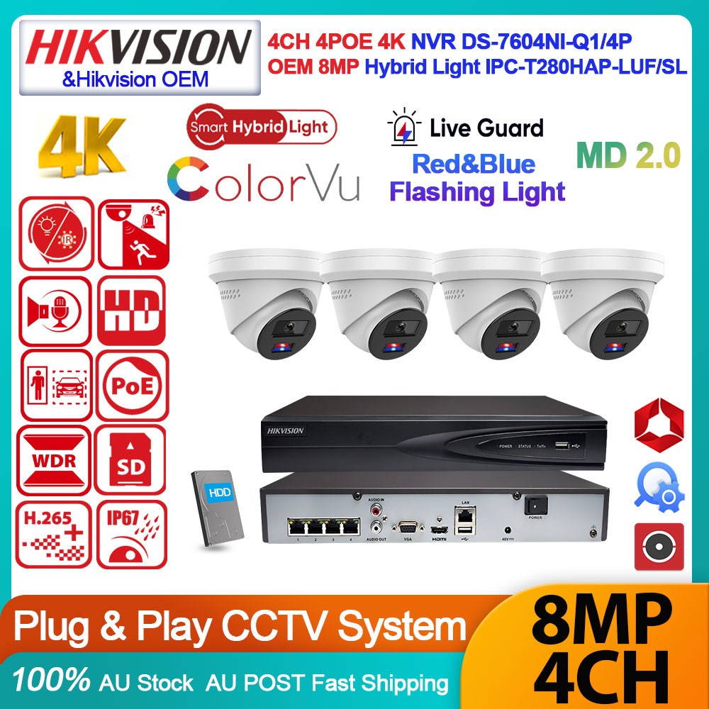 Hikvision 4K 8MP 4ch 4PoE Hybrid Light IP Camera Two-Way Audio MD2.0 System Kit