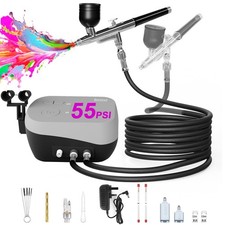 55 PSI Airbrush Kit with Air Compressor, Switchable Single/Dual Airflow, High...
