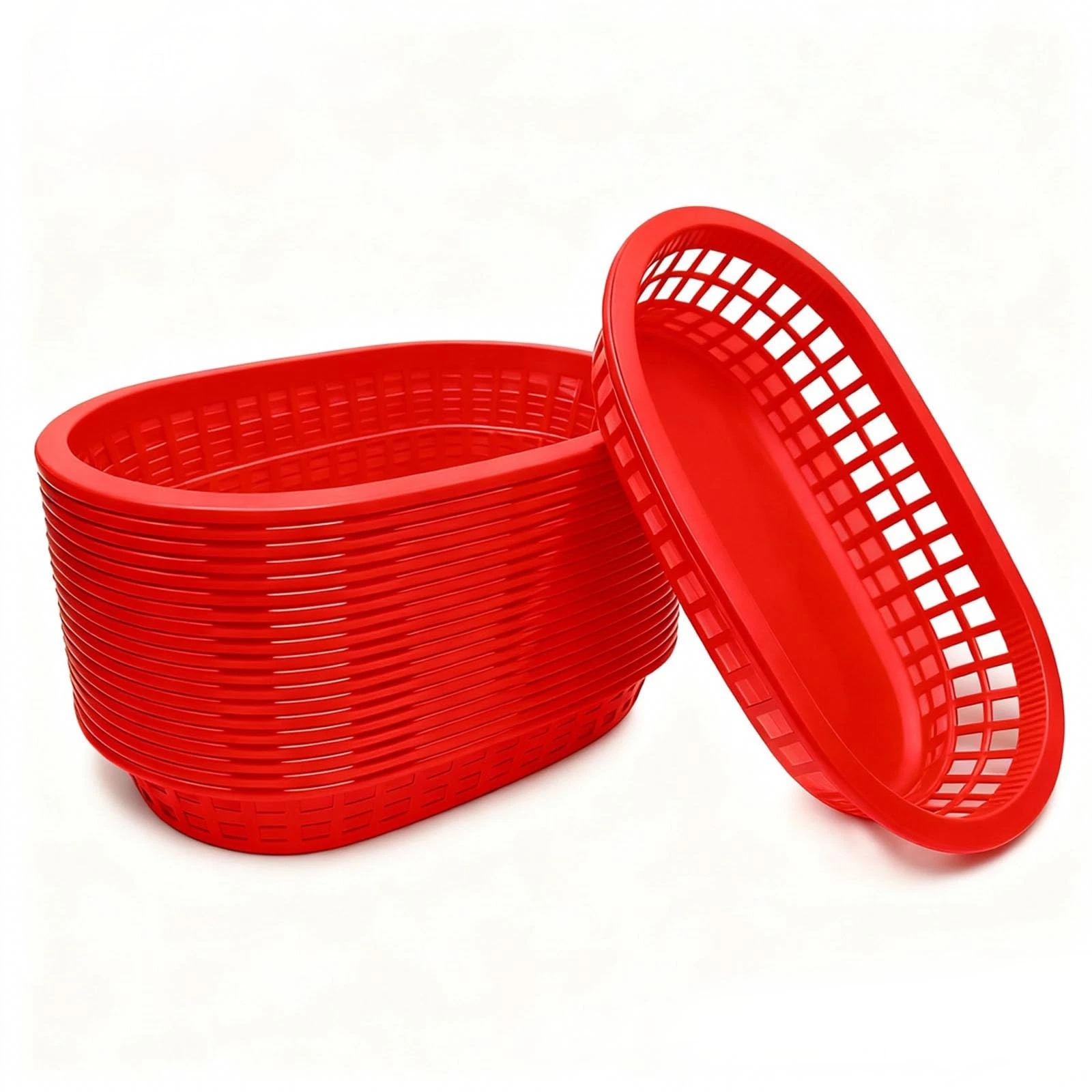 Fast Food Baskets 16-Pack, 10 x 6 Inch Plastic Oval Serving Baskets for Burge...